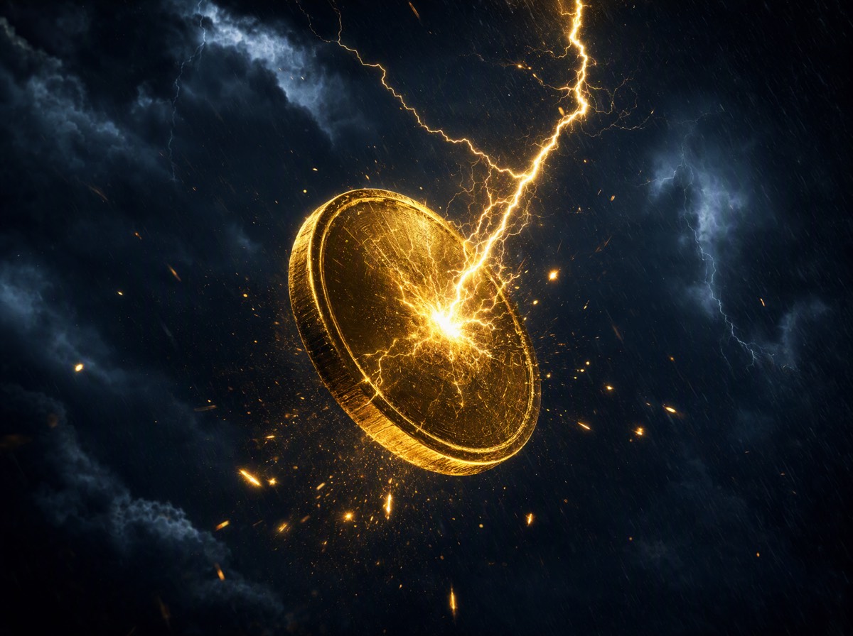 A gold coin in mid-air at the instant a bolt strikes it
