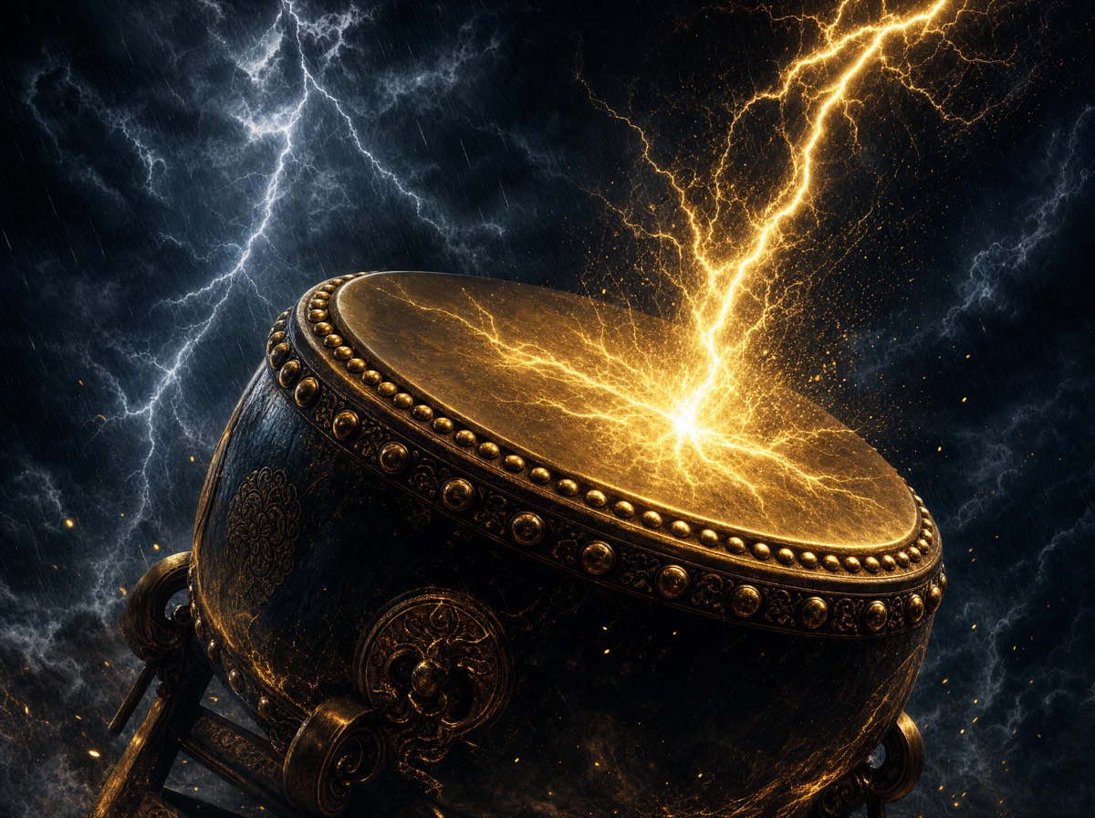 A gold-ringed taiko war drum struck by a fork of lightning
