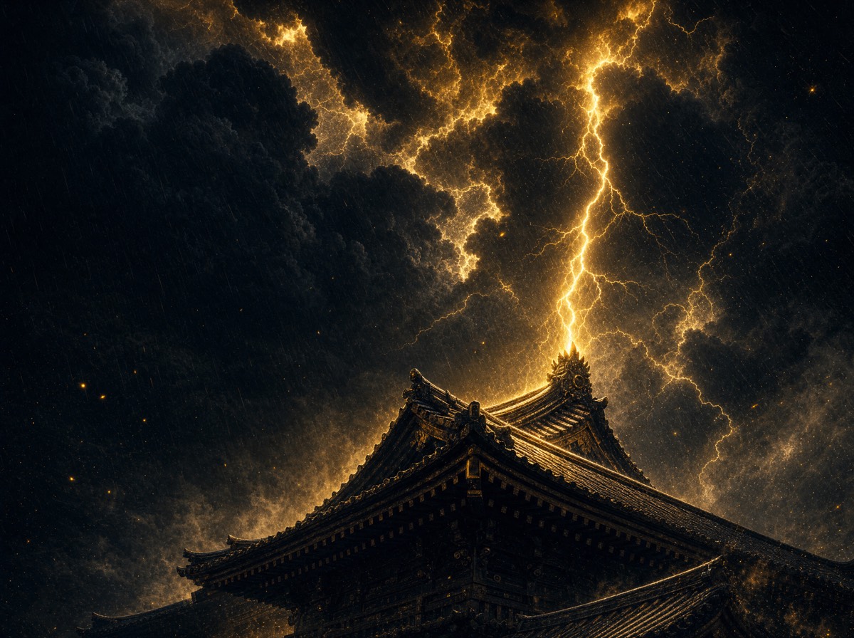 Lightning reaching down to the ridge of a shrine roof at night